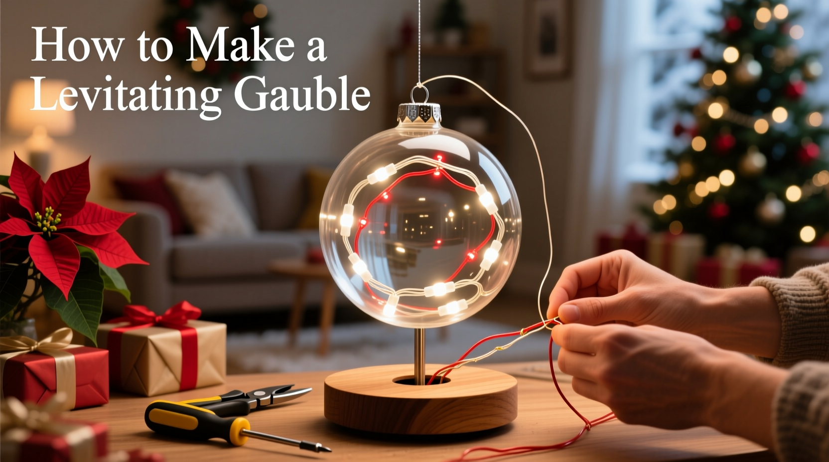 how to make a levitating bauble illusion with hidden christmas light wiring