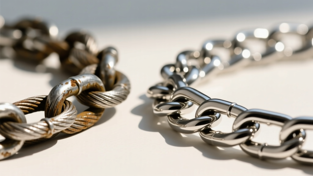 Macro shot of a tarnished silver cable chain beside a pristine 316L stainless steel curb chain under bright natural daylight.