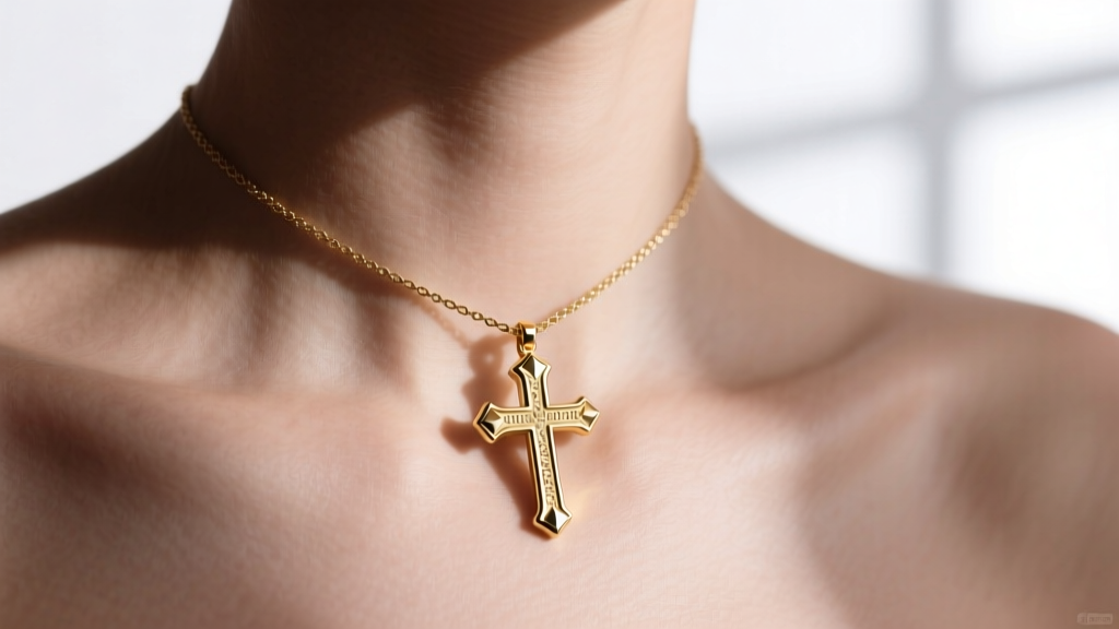 Macro shot of a delicate 14k gold cross pendant on a 1.2mm cable chain resting on a collarbone, soft studio lighting, sharp focus