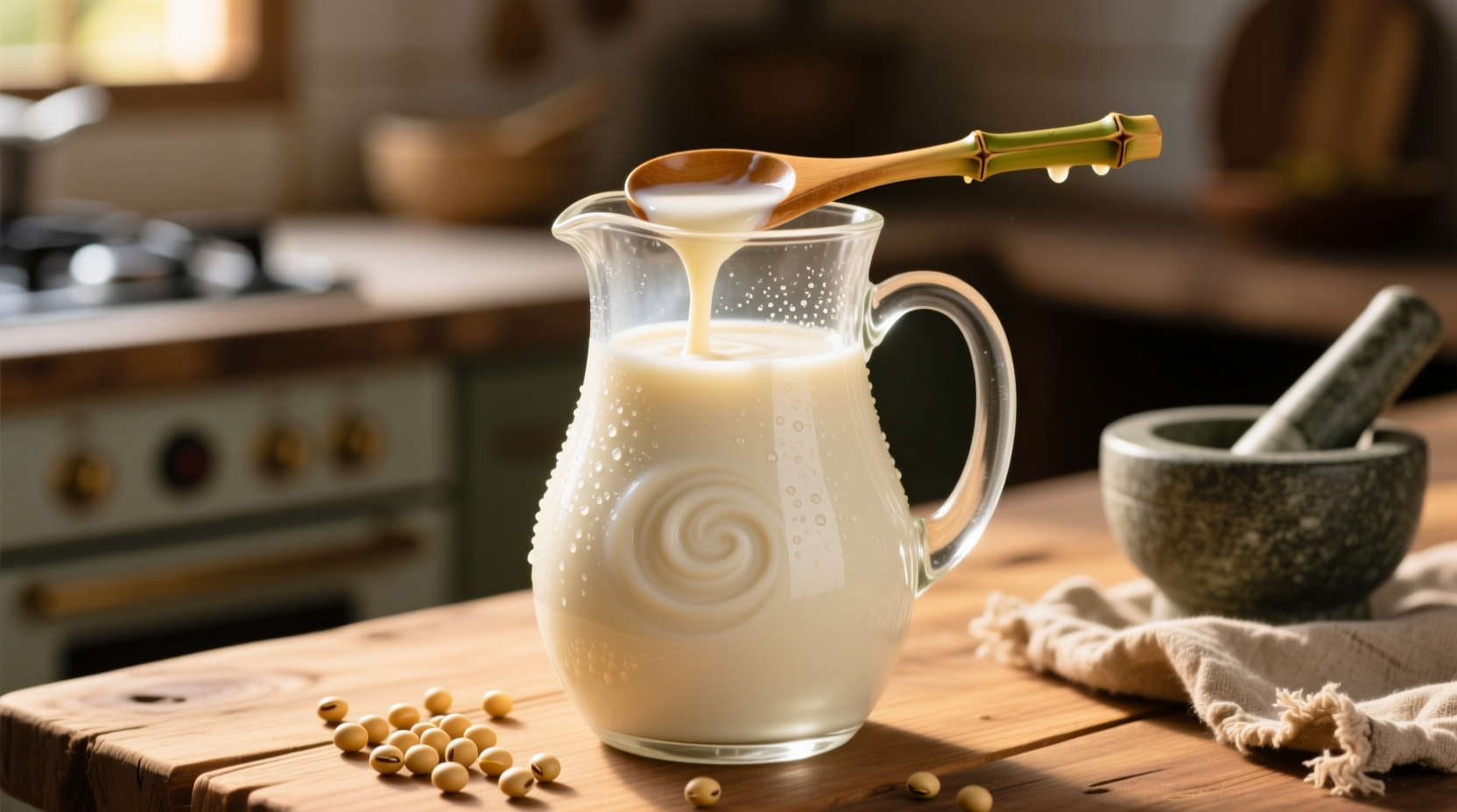 Fresh homemade soy milk in glass pitcher
