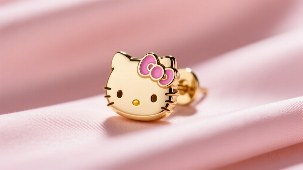 Close-up of an 18-gauge gold Hello Kitty earring stud with pink enamel, resting gracefully on a soft pastel silk fabric background