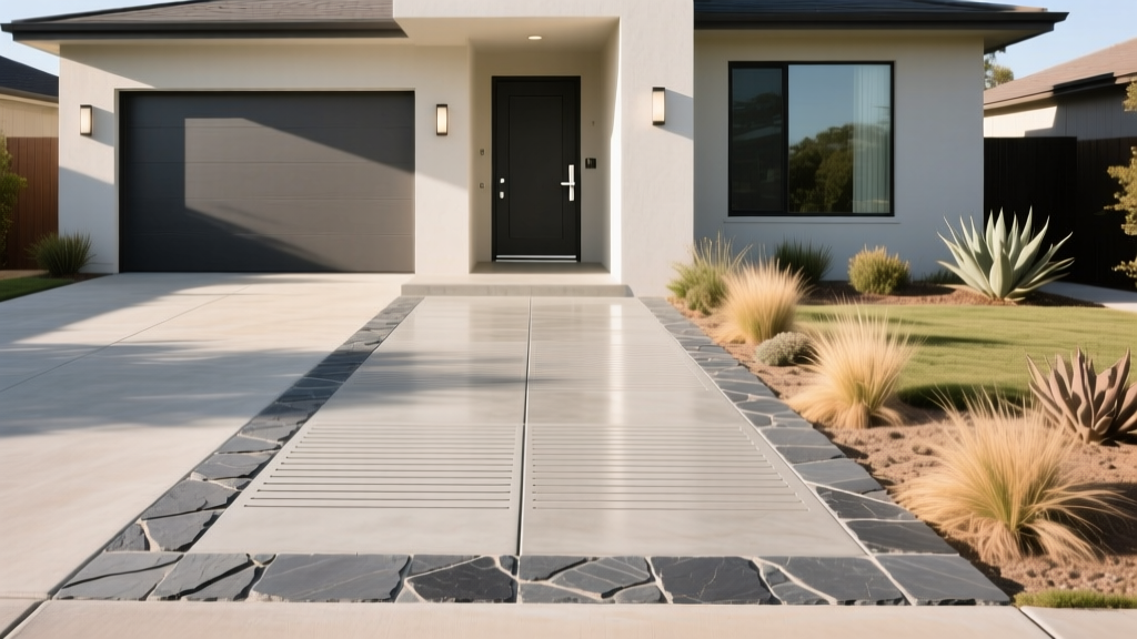 Stamped concrete driveway with a slate pattern bordering a standard broom-finish section at a modern suburban home entrance