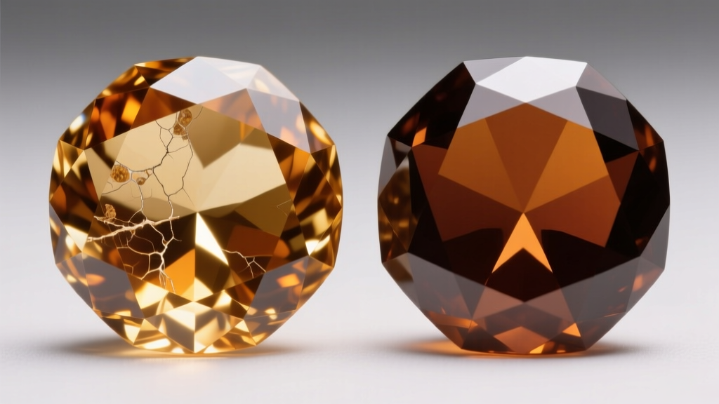 Macro view comparing a natural cognac diamond and an irradiated brown diamond showing color zoning under gem lighting