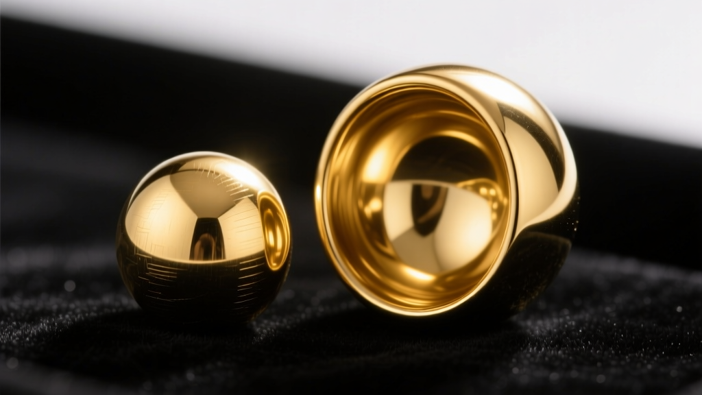 Macro shot of a solid 10mm gold sphere beside a hollow 20mm gold sphere, showing surface texture and high-polish reflections.
