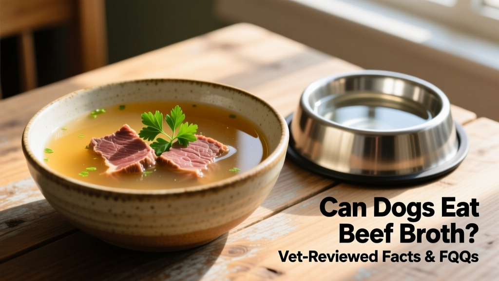 A bowl of clear, golden beef broth with a few tender beef shreds and fresh parsley garnish, served beside a dog’s water bowl
