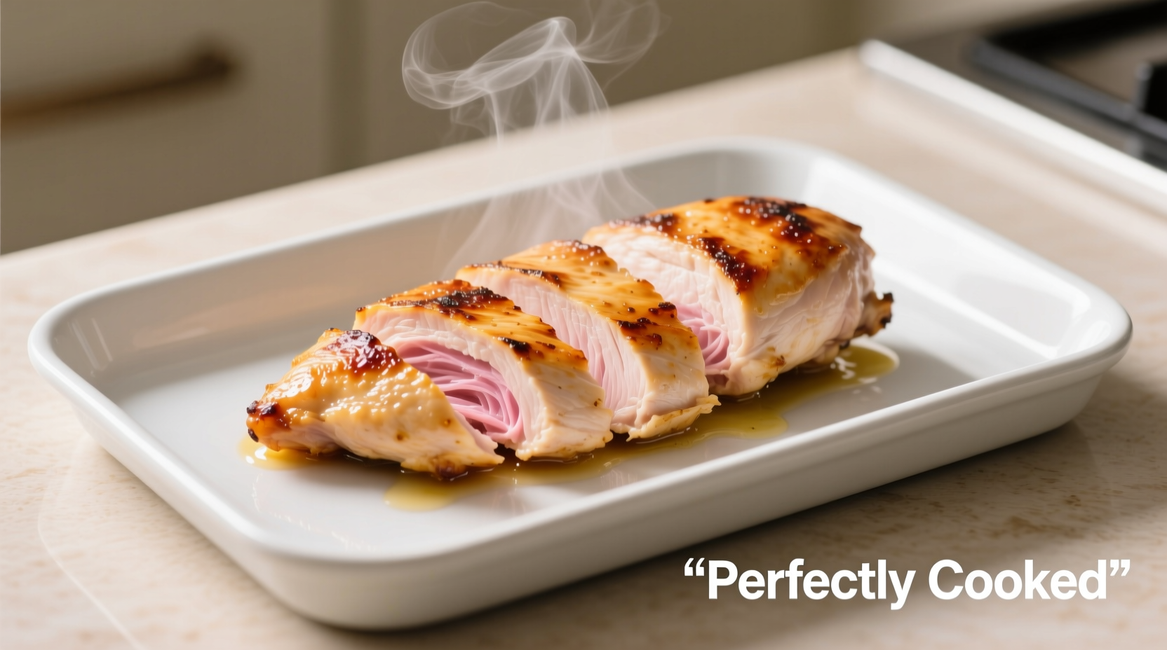 Perfectly cooked thin sliced chicken breast on baking sheet