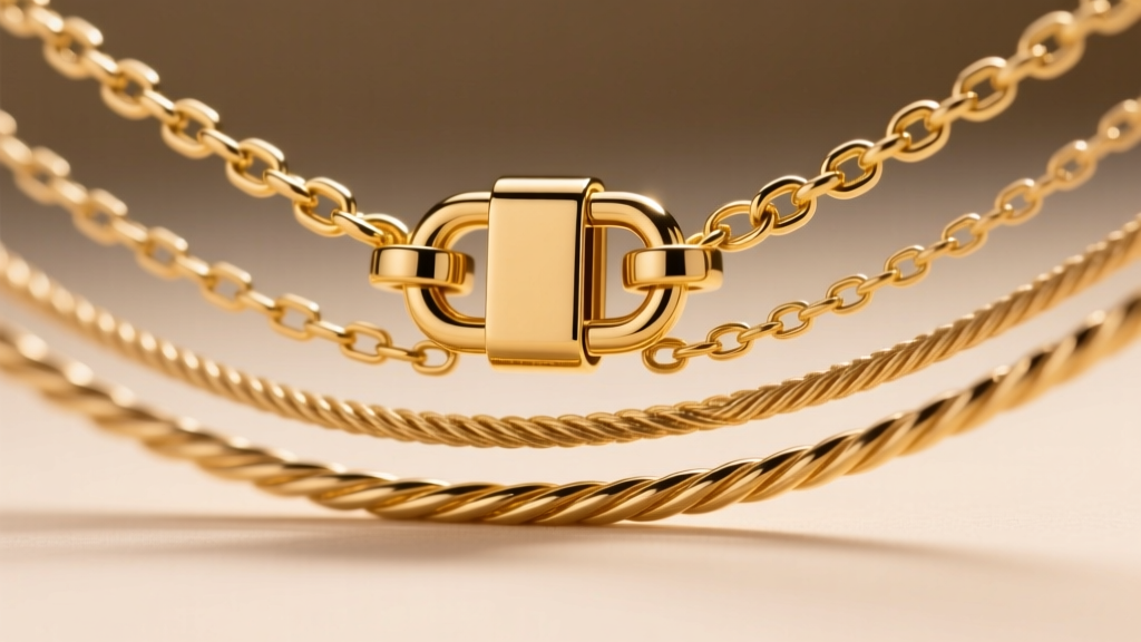 Close-up of a gold magnetic spacer clasp securing seven layered necklace chains, highlighting the secure locking mechanism detail.