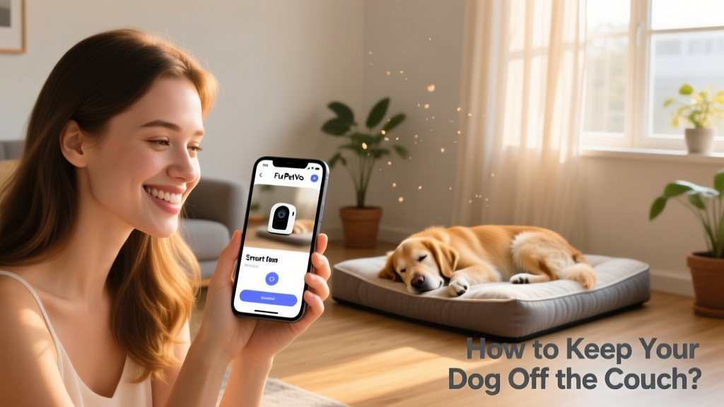 A person using a FurPetVo smart camera app on a smartphone, smiling as they watch their dog resting calmly in its bed