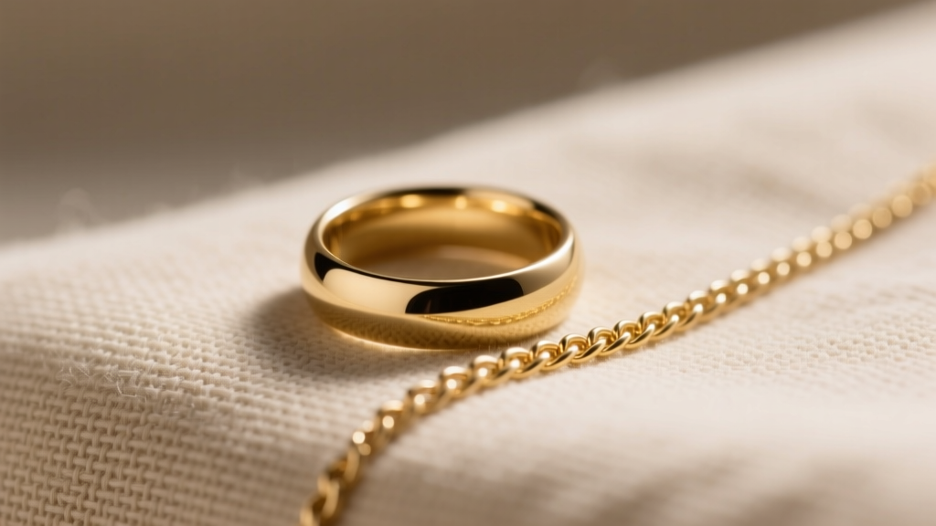 Matte 14k gold ring and brushed chain on beige linen, lit by soft diffused light to show subtle muted gold tones