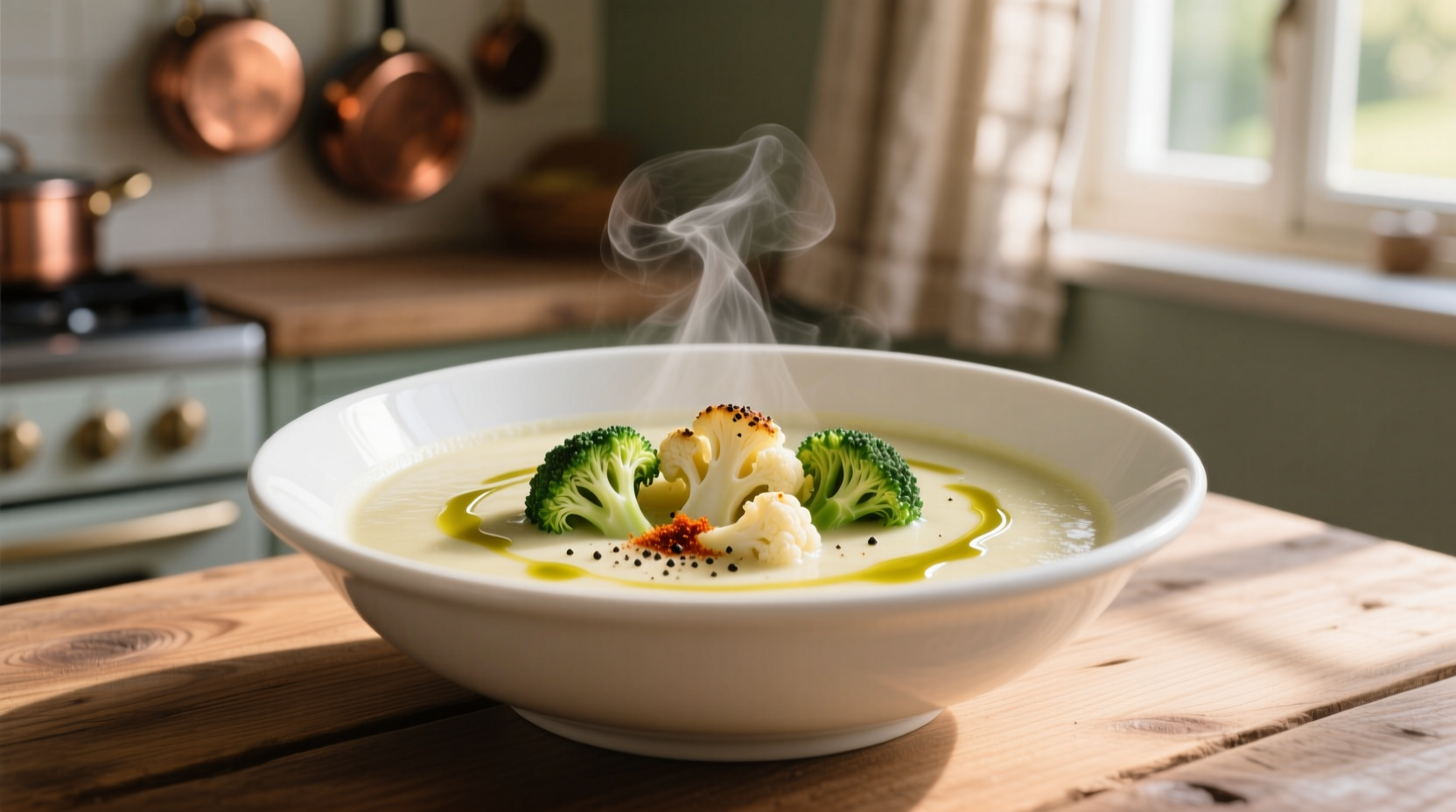Creamy cauliflower broccoli soup in white bowl