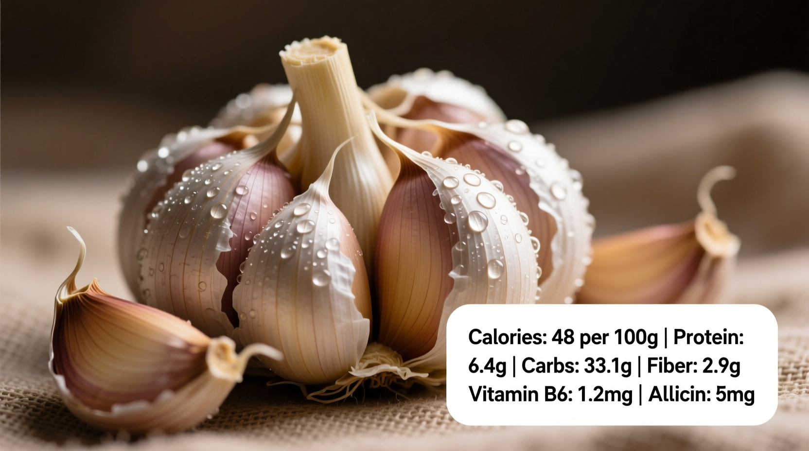 Fresh garlic cloves with nutritional information