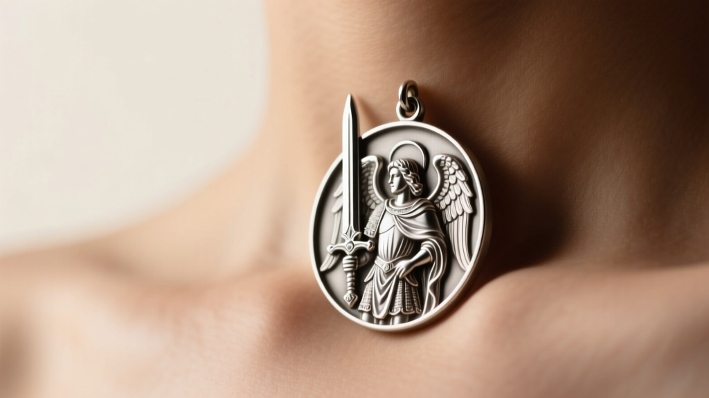 Close-up of a sterling silver Saint Michael medal on a collarbone, highlighting high-relief sword details under warm light.