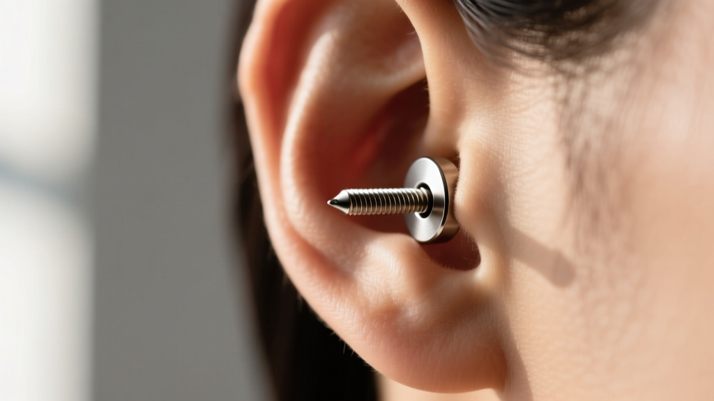 Side profile of an ear wearing a screw-back titanium stud, showing the threaded post and backing plate in crisp macro focus view