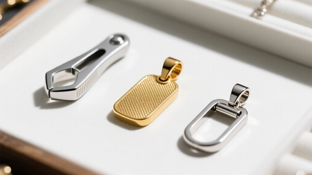 Jeweler bench displaying three pendant bails: a silver pinch bail, a gold glue-on pad bail, and a platinum hidden bail, top view