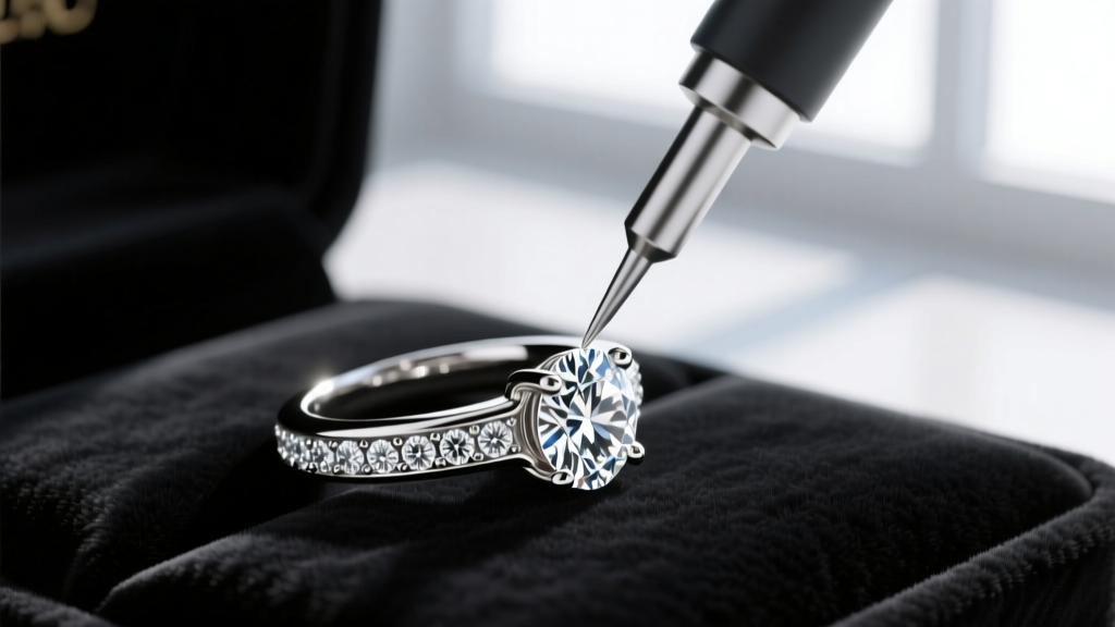 Diamond tester pressing its tip against tiny pave stones in an 18k white gold ring to measure thermal conductivity