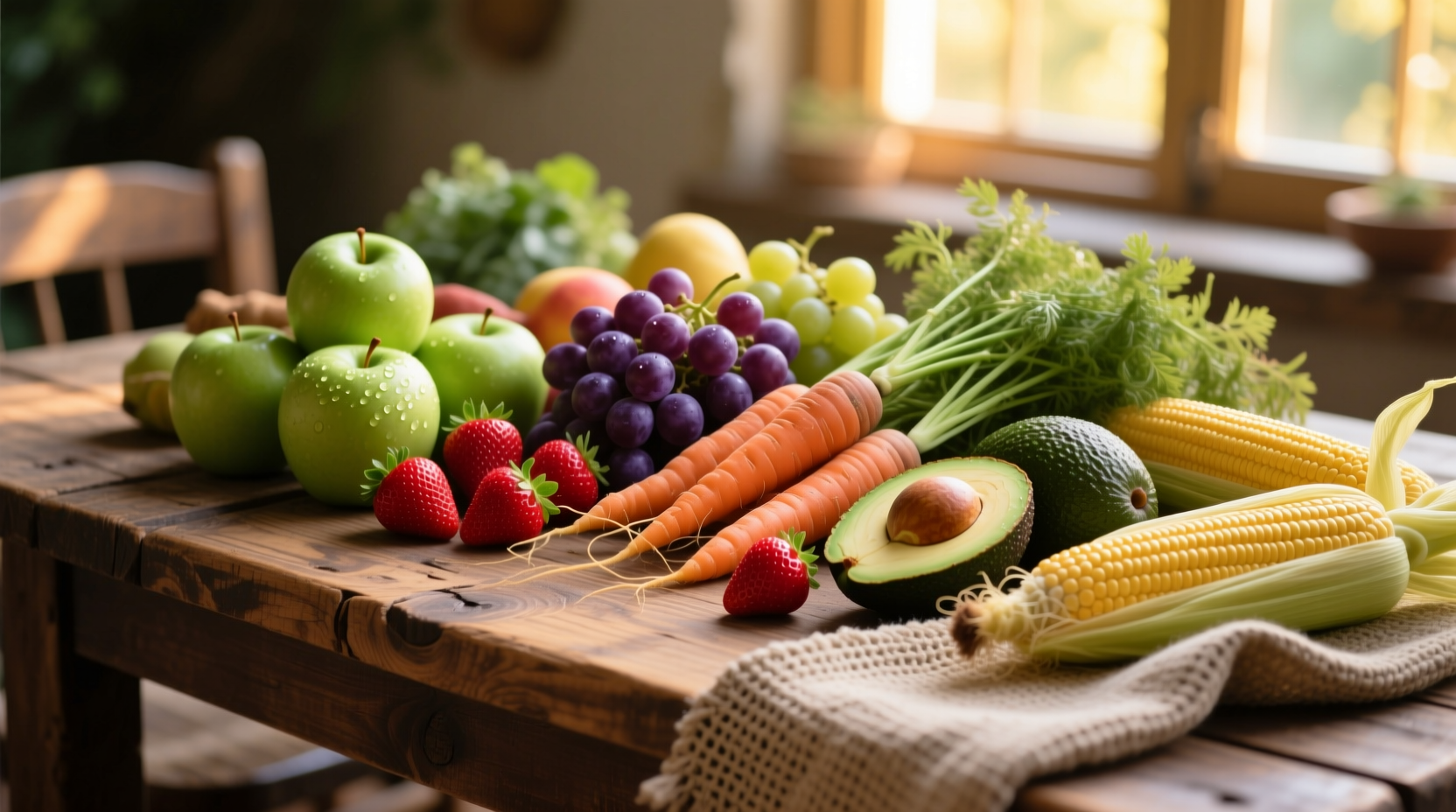 Variety of natural whole foods on wooden table