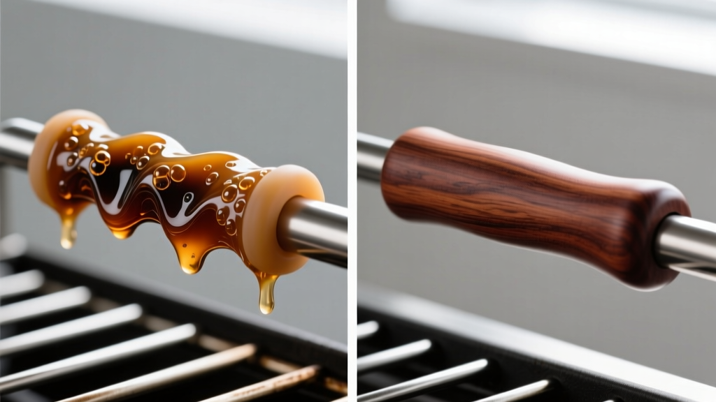 Side-by-side comparison of melted thermoplastic elastomer grill handle grips versus intact solid rosewood handles after high-heat exposure