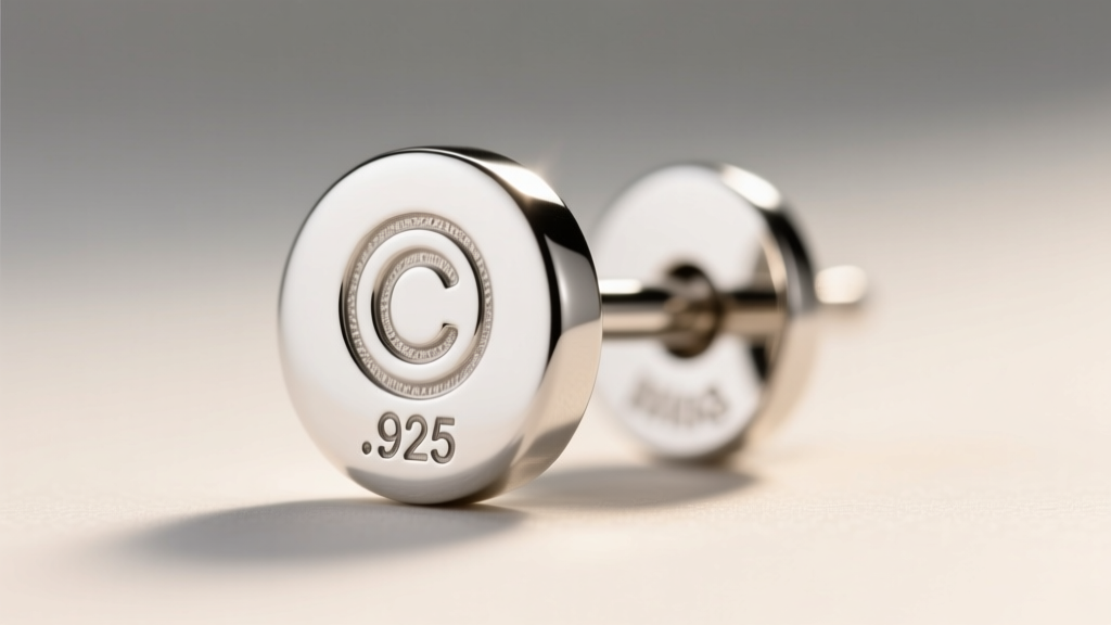 Close-up of a silver earring post and backing, showing the engraved copyright symbol and .925 hallmark on the flat metal surface