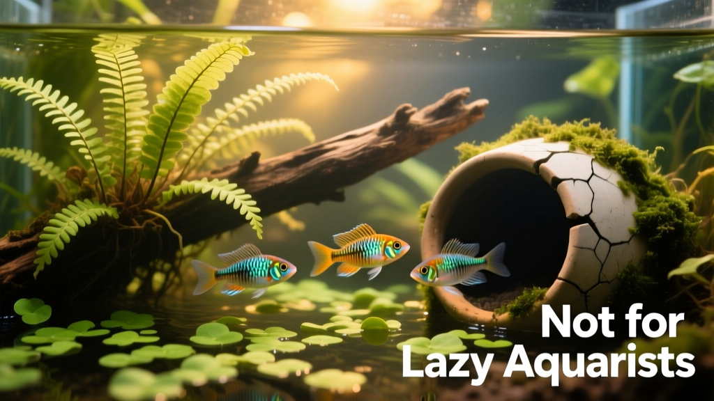 Aquarium view showing Java fern attached to driftwood, floating duckweed on surface, and apistos swimming near a flowerpot cave