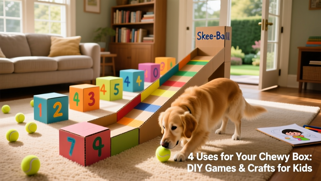 Colorful cardboard Skee-Ball ramp and scoring boxes arranged on a living room floor, with tennis balls nearby