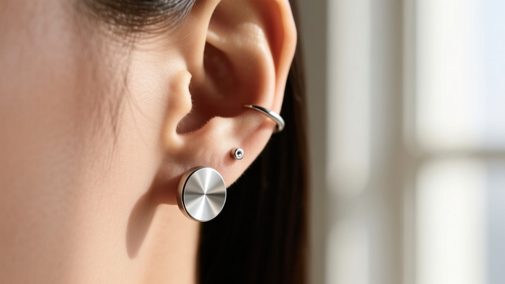 Side view of a flat back titanium post earring in a cartilage piercing, showing the smooth disc resting flush against the ear