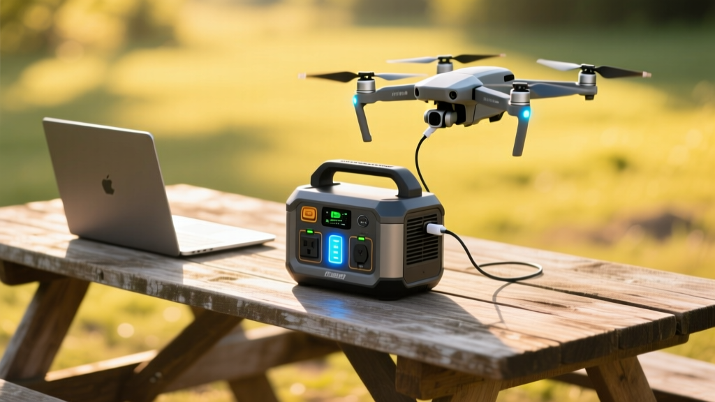 A rugged portable power station sitting on a wooden picnic table under bright summer sunlight, actively charging a drone and laptop.