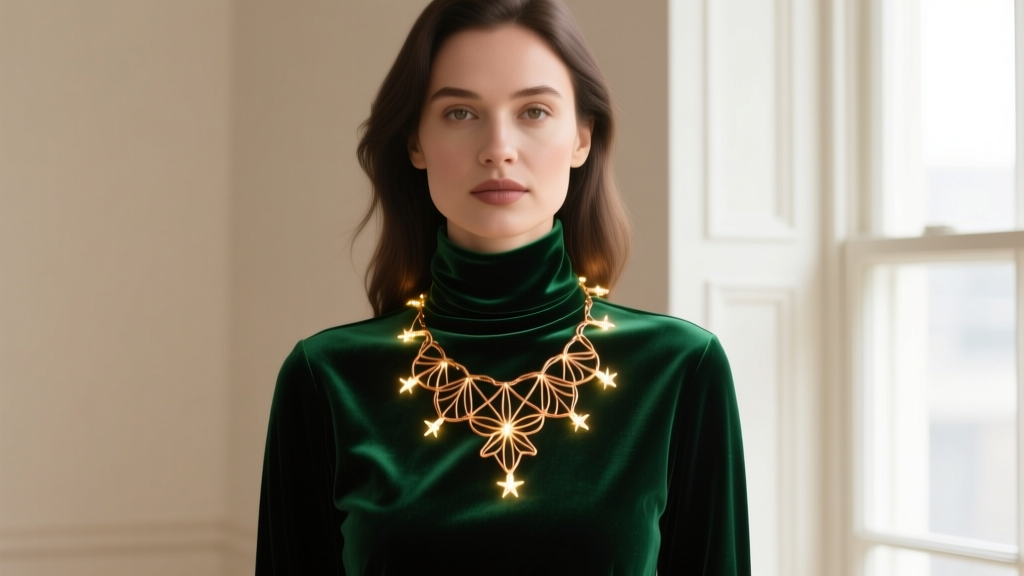 A woman wearing a delicate gold copper-wire Christmas light up necklace over a dark emerald green velvet turtleneck sweater