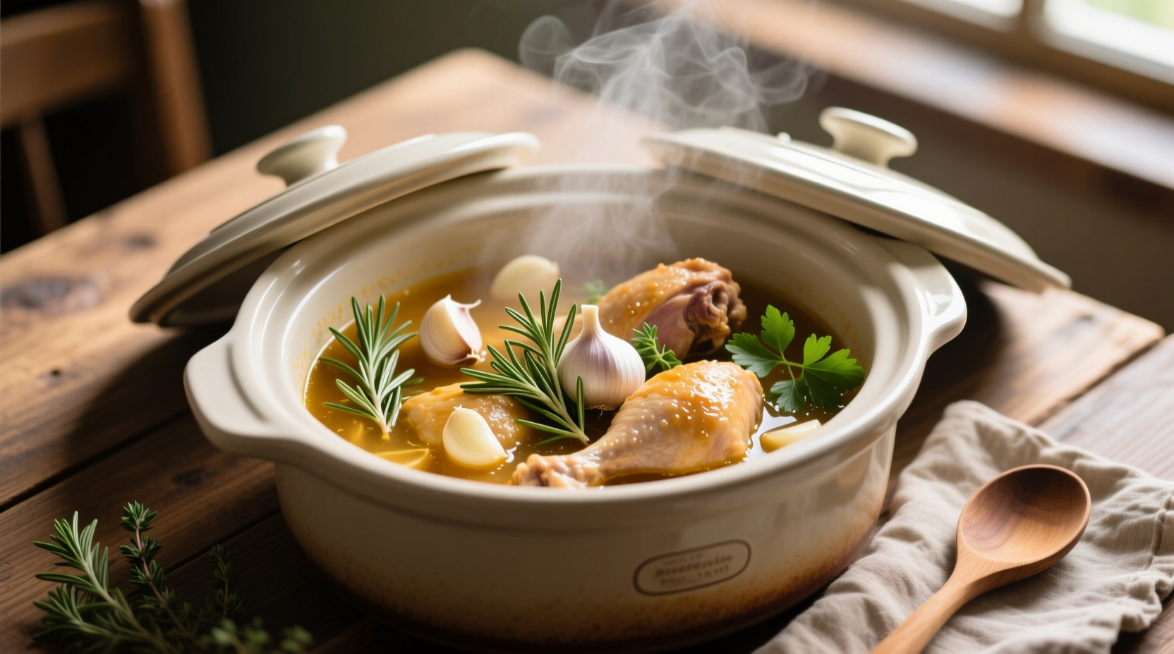 Slow cooker filled with tender garlic chicken and fresh herbs