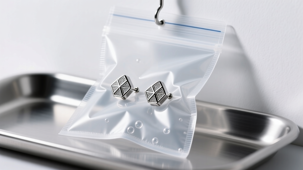 Close-up of implant-grade titanium labret stud earrings in an open autoclave sterilization pouch on a clean stainless steel tray.