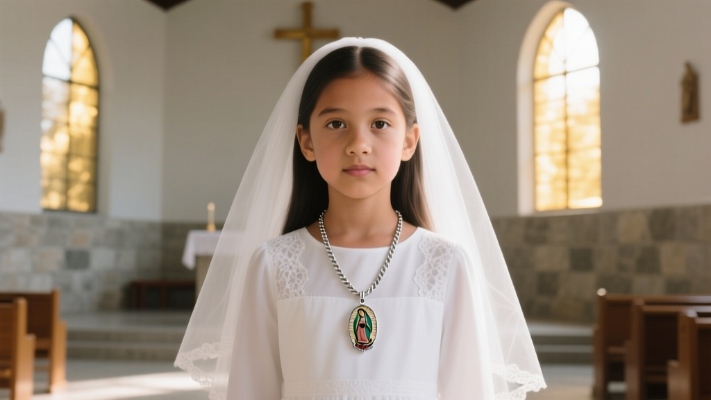 Young girl in a white Communion dress wearing a delicate 16-inch sterling silver Virgen de Guadalupe cable chain necklace.