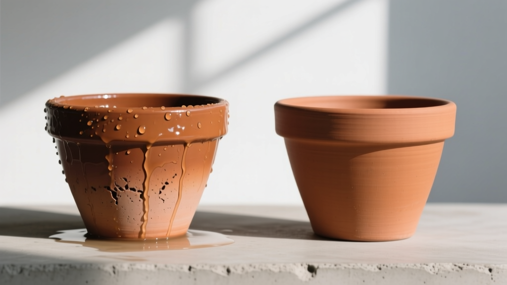 Side-by-side comparison of a sealed terracotta pot and an unsealed terracotta pot absorbing water at visibly different rates