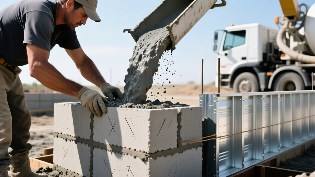 Mason laying 8x8x16 CMU blocks with mortar beside aluminum foundation forms receiving a gray poured concrete mix from a pump truck