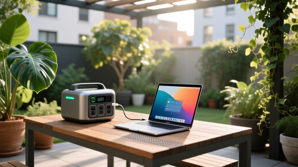 Portable power station charging a laptop on a weatherproof outdoor garden desk surrounded by potted plants and natural sunlight