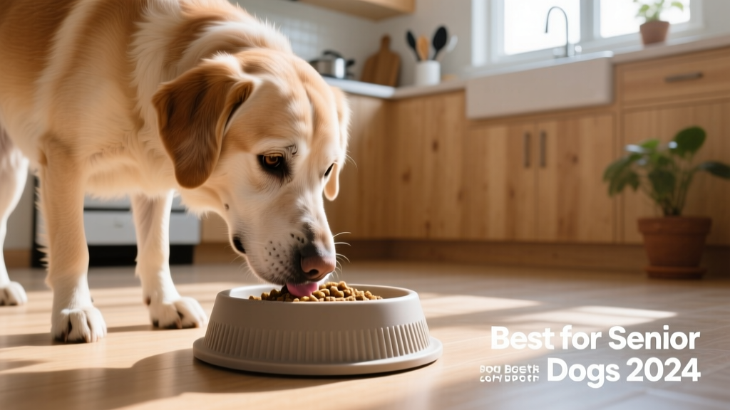 Senior dog gently lapping soft food from a shallow, matte-finish silicone bowl on a kitchen floor