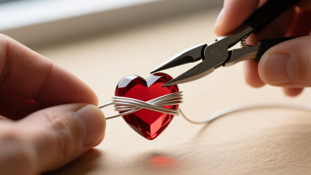 Hands using nylon pliers to wrap 22-gauge half-hard sterling silver wire securely around a faceted red Czech glass heart bead.