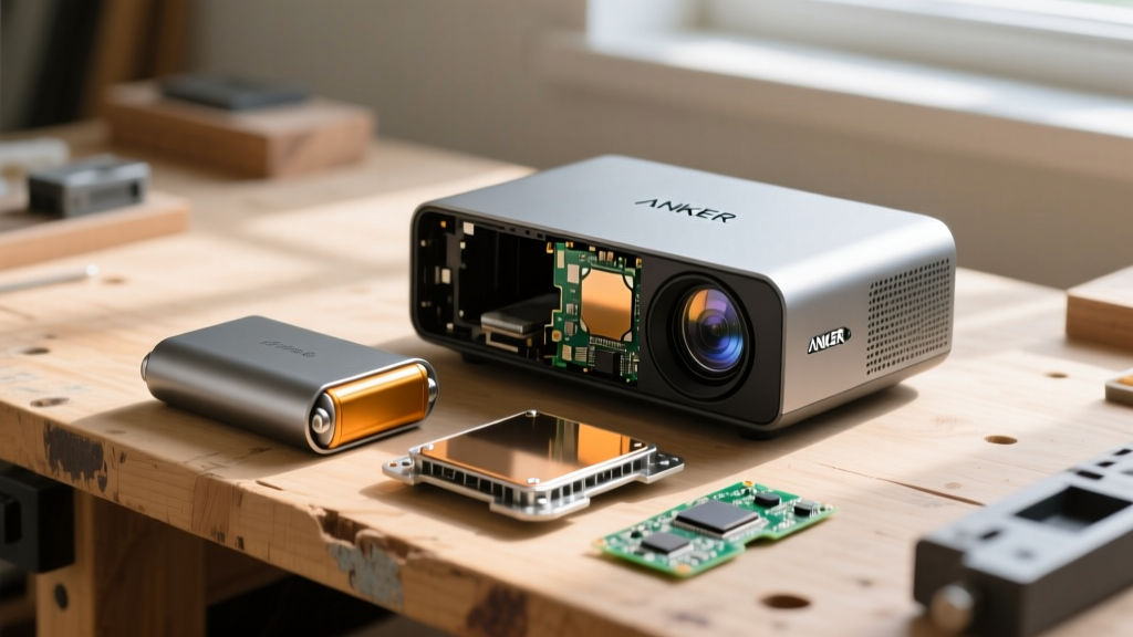Disassembled Anker Nebula Capsule 3 Laser projector showing internal lithium-ion battery swelling next to a DLP light engine on a wooden workbench