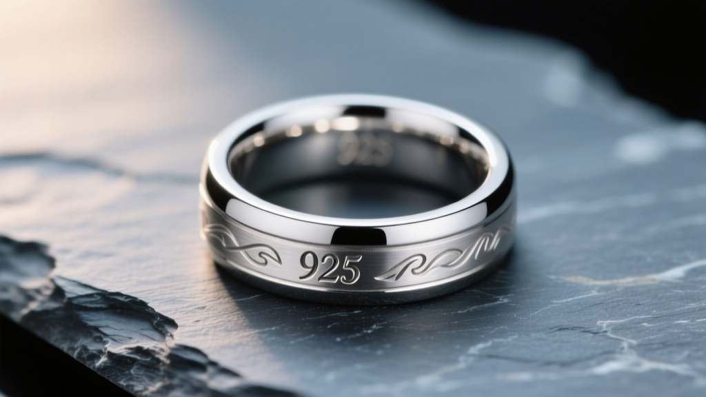 Macro shot of a thick 925 sterling silver ring on slate, showing a laser-engraved hallmark under soft, warm directional lighting.