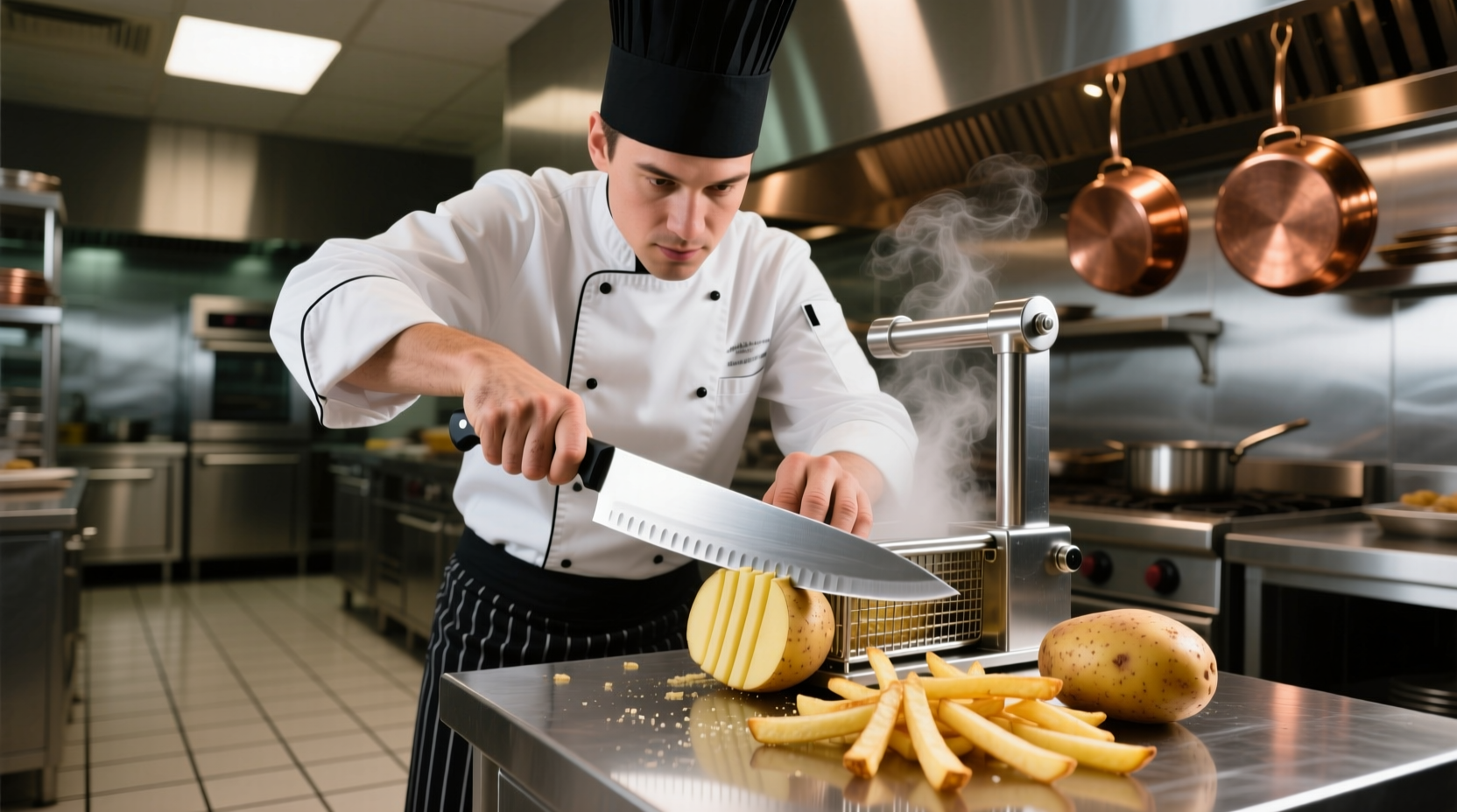Professional chef using stainless steel potato fry cutter