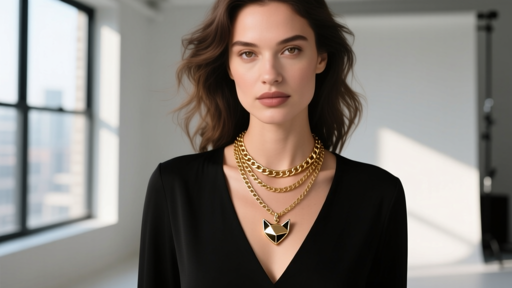 Woman wearing a 16-inch box chain and 18-inch cat-eye pendant over a black V-neck top, showing proper layered necklace stacking