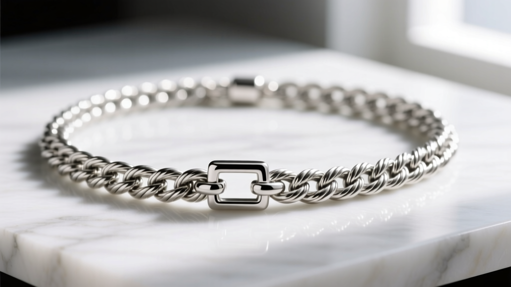 Macro shot of a heavy sterling silver rope chain necklace with a box clasp on marble, illuminated by soft natural window light.