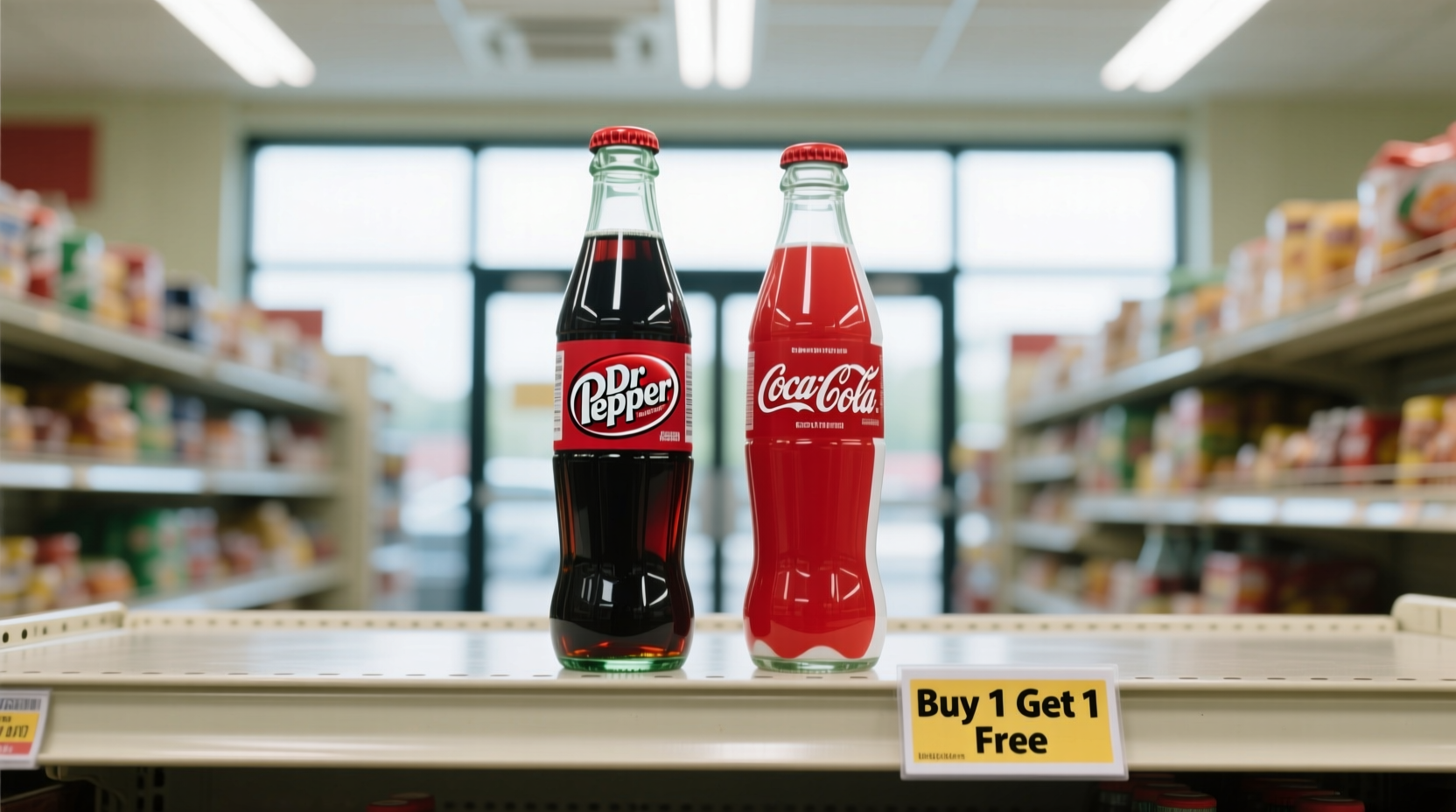 Dr Pepper and Coca-Cola products displayed side by side in a supermarket