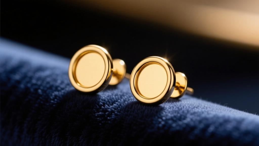 Macro shot of 24k gold stud earrings on velvet cloth, highlighting rich yellow hue and smooth bezel under warm studio lighting