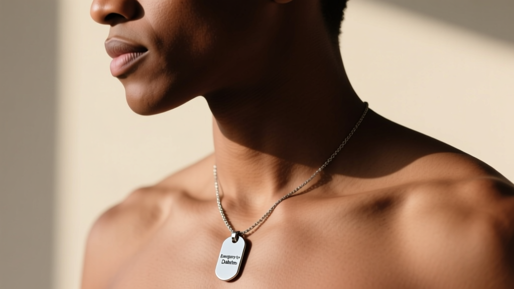 Side profile of a person wearing a 20-inch stainless steel medical ID necklace, showing proper pendant placement at the sternum