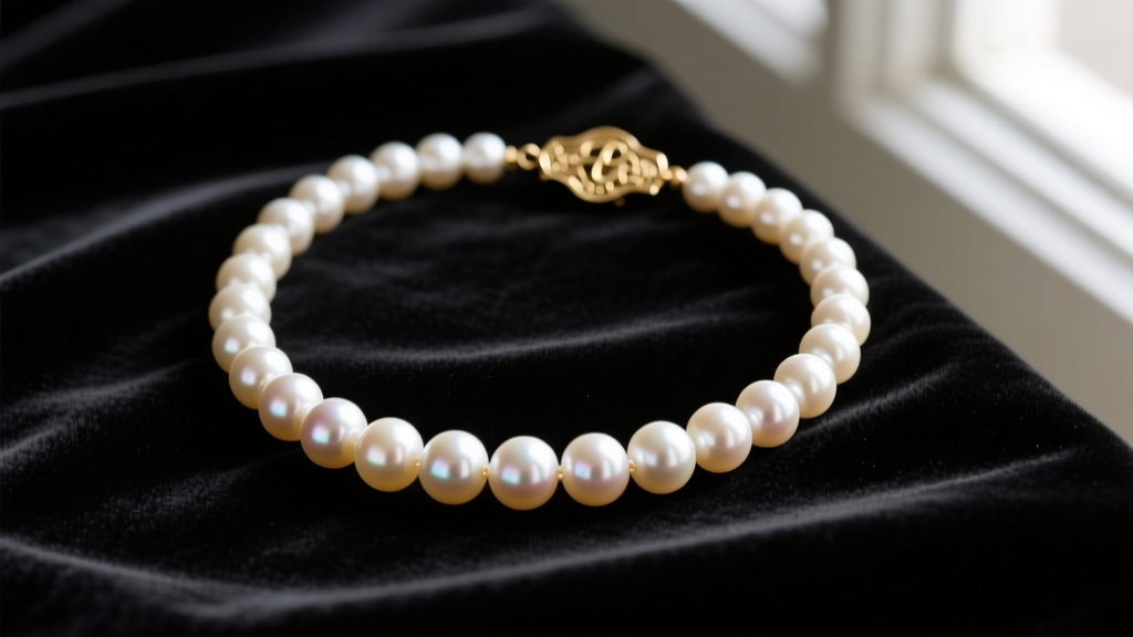 Close-up of a vintage Sarah Cov graduated faux pearl necklace on dark velvet, highlighting the lustrous coating and gold-tone clasp.