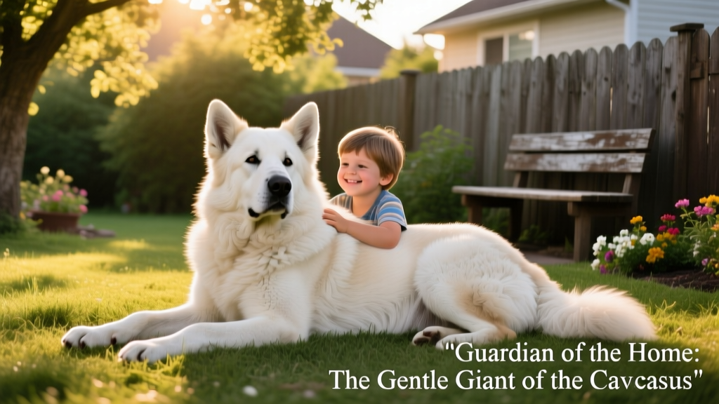 Caucasian Ovcharka calmly resting beside a child in a sunlit backyard, illustrating its protective yet gentle demeanor
