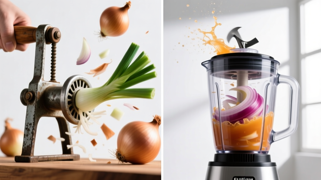 Split-screen action shot comparing a manual pull-cord onion chopper on the left and a high-speed vortex blender on the right