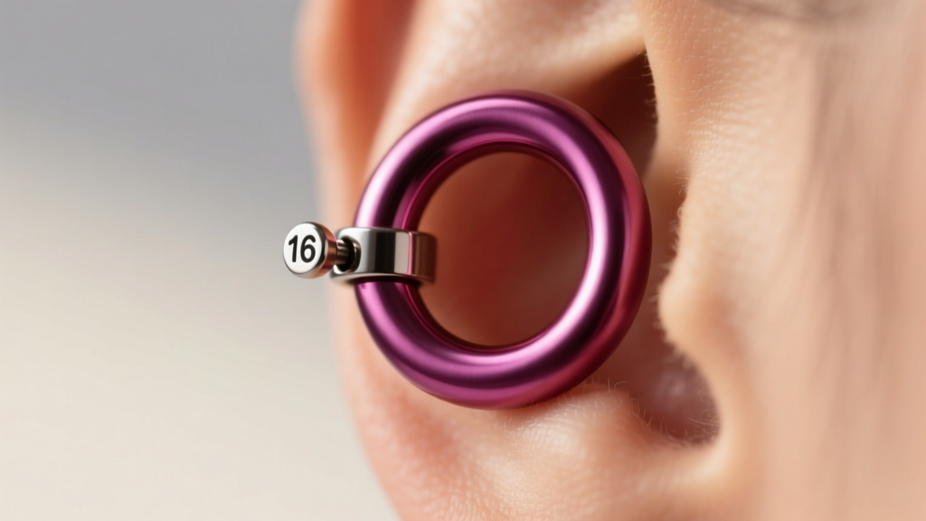 Macro shot of a 16-gauge anodized titanium mauve clicker hoop in a helix piercing, highlighting the seamless hinge and polish.