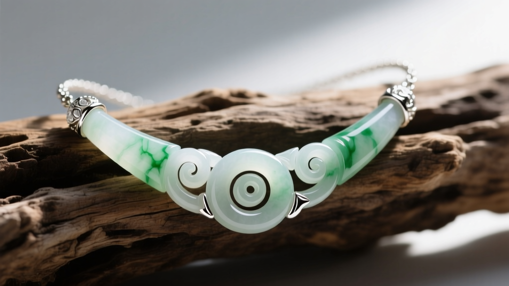 Macro shot of pale Inanga jade koru necklace with sterling silver capping resting on raw driftwood in soft natural daylight