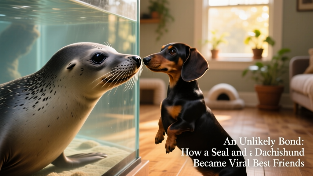 Close-up of Aayla the seal pressing her nose against the aquarium glass while Stanley the Dachshund looks on intently from the other side