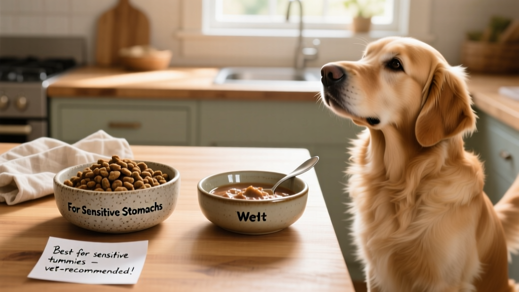 Side-by-side comparison of dry kibble and wet food in bowls, labeled for sensitive stomachs